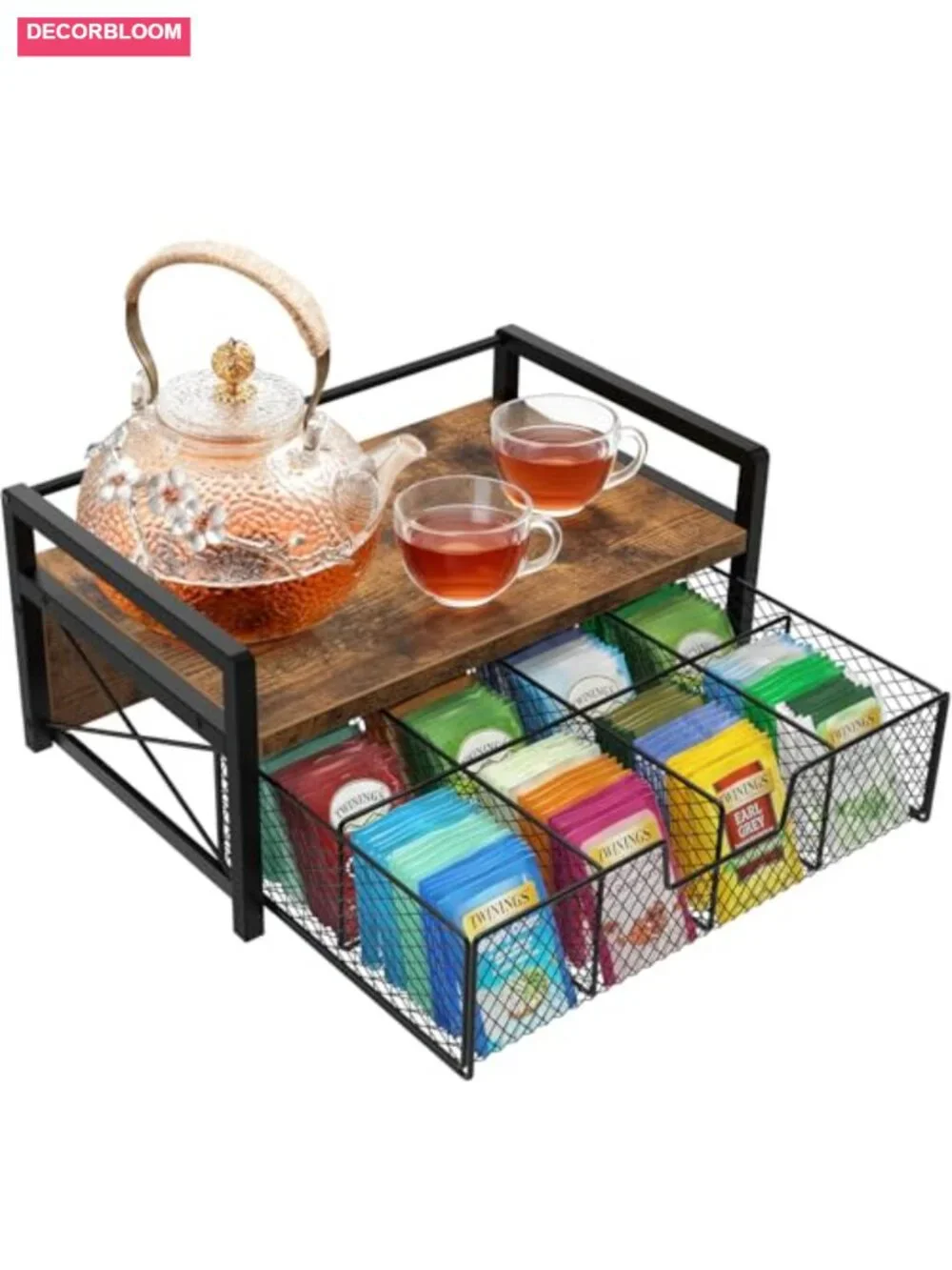 Tea Bag Organizer Wooden Storage Box with Pull-Out Drawer for Countertop